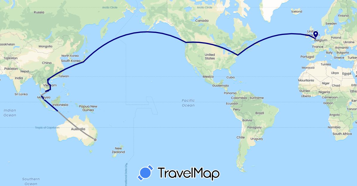 TravelMap itinerary: driving, plane in Australia, Canada, United Kingdom, Indonesia, Ireland, Japan, Malaysia, Singapore, United States, Vietnam (Asia, Europe, North America, Oceania)